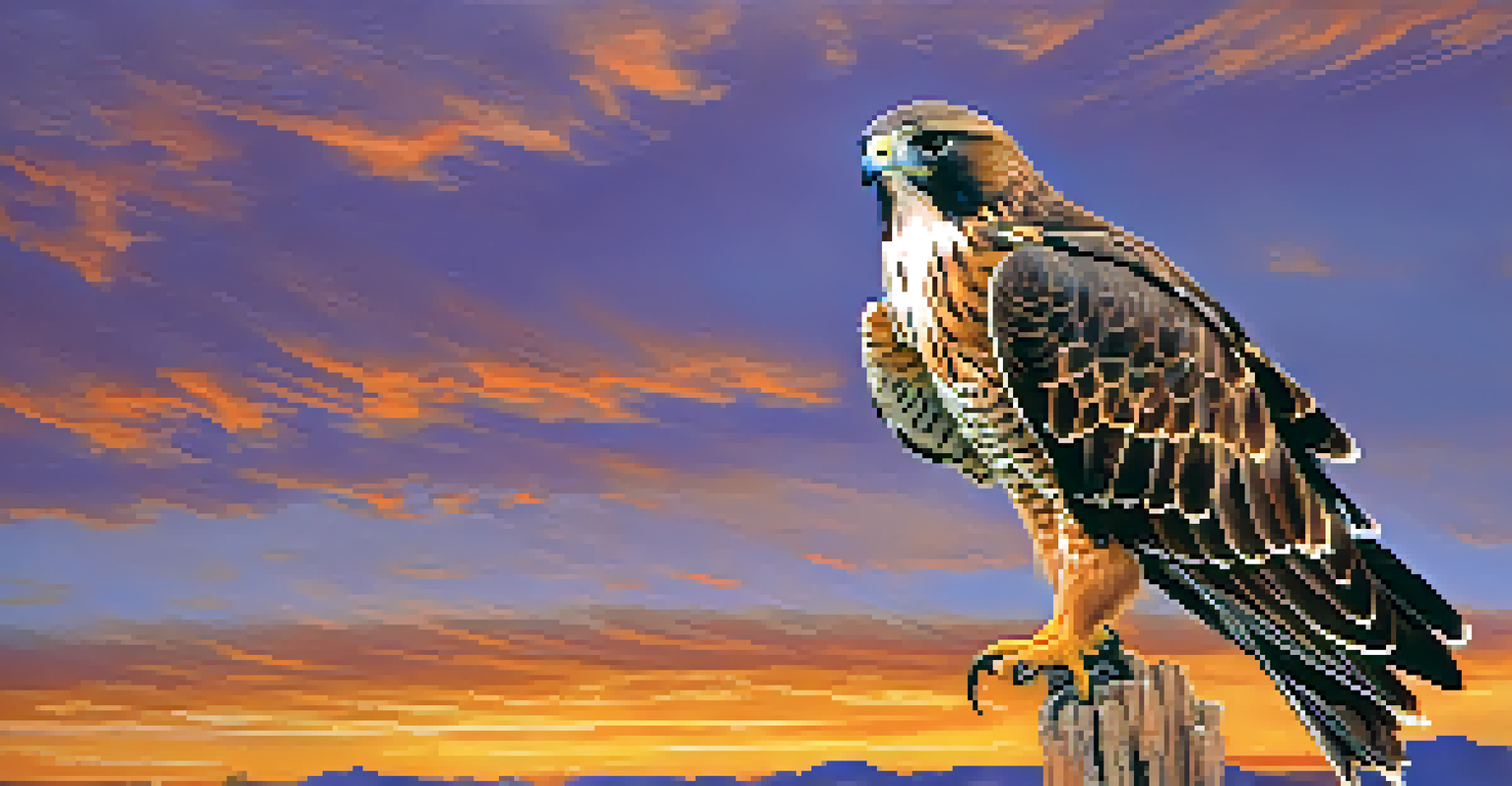 A close-up of a rehabilitated hawk perched on a branch against a sunset backdrop in the Arizona desert.