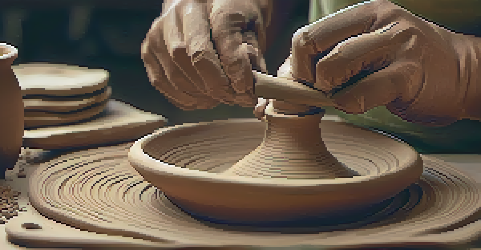 An artisan's hands working on pottery with clay and tools, surrounded by finished pottery pieces on shelves. The image highlights the craftsmanship involved in pottery making.