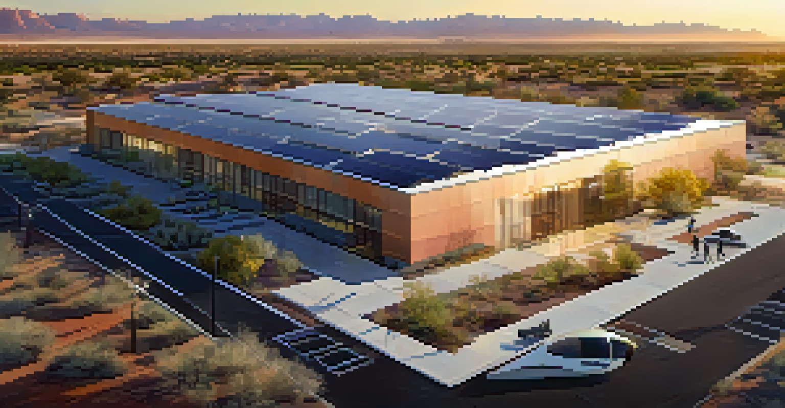 Aerial view of a futuristic innovation center in Arizona, surrounded by urban and natural landscapes, illuminated by sunset.