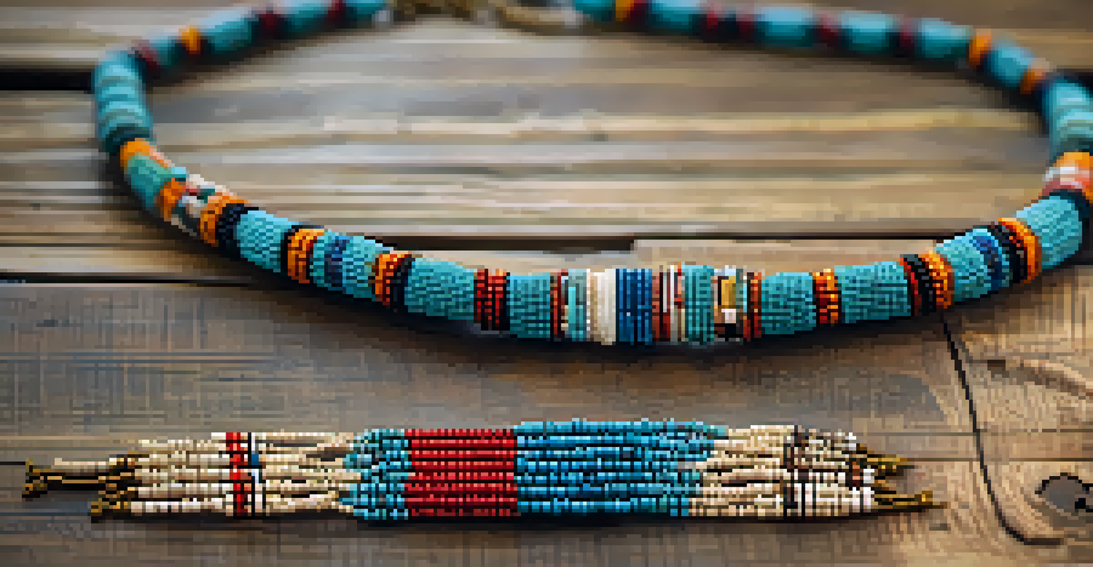 A close-up of a colorful Native American beaded necklace on a wooden background, highlighting its intricate patterns.