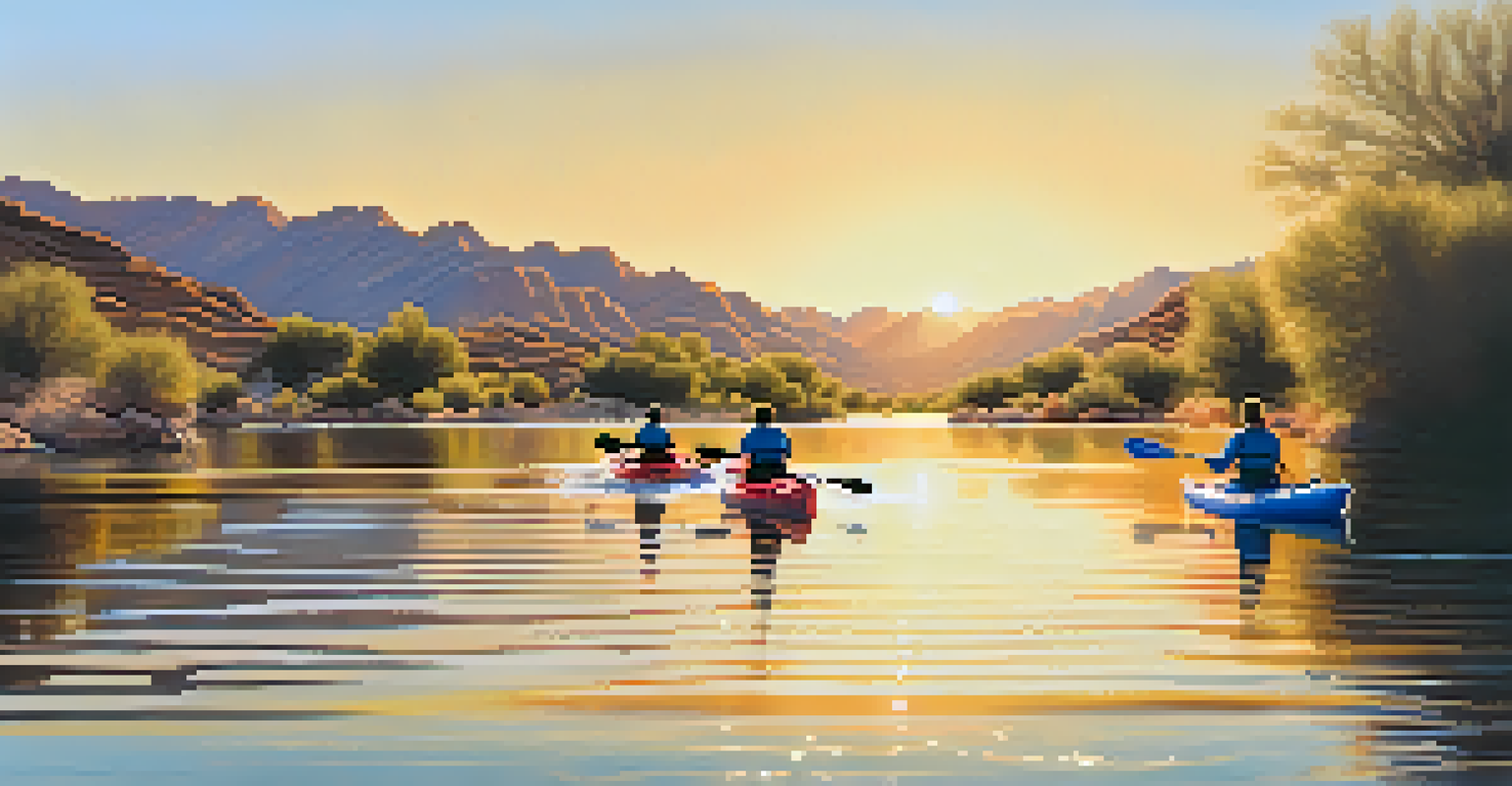 Kayakers enjoying a peaceful moment on Lake Havasu with desert scenery and a sunset in the background.