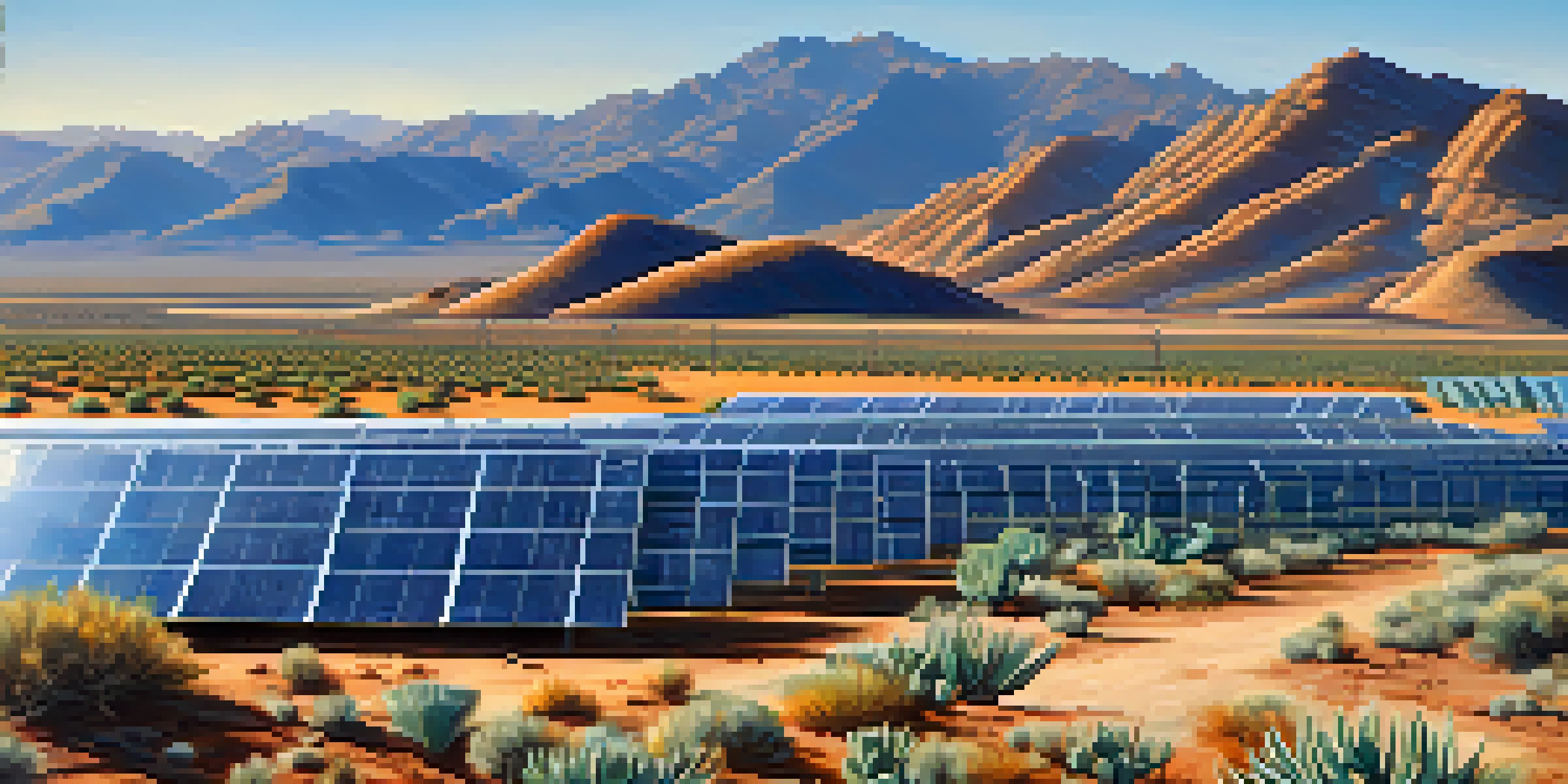 A wide view of a solar farm in Arizona with solar panels and desert plants under a clear blue sky.