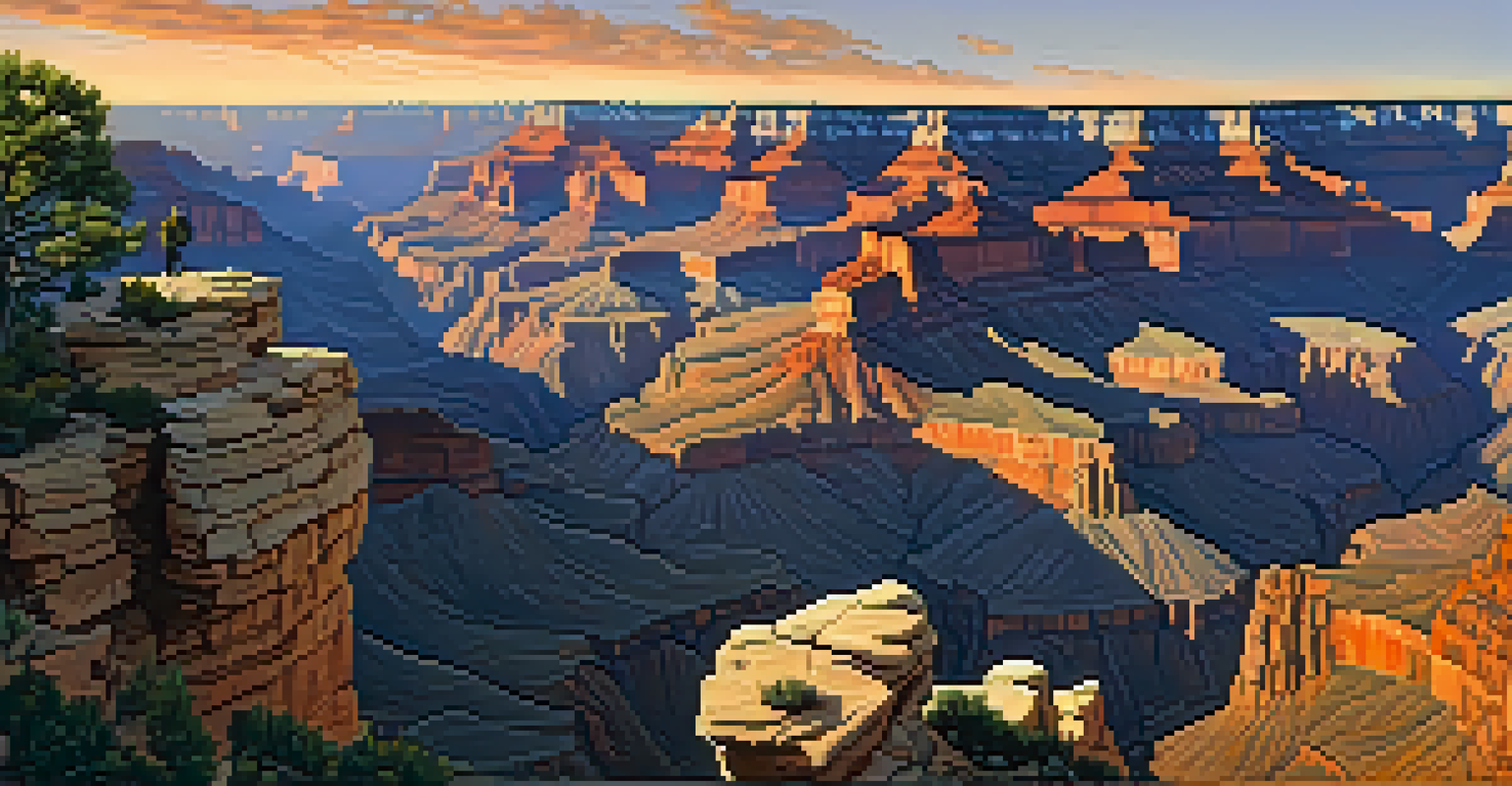 A dawn view of the Grand Canyon with a soaring California condor and a fox near rocky formations.
