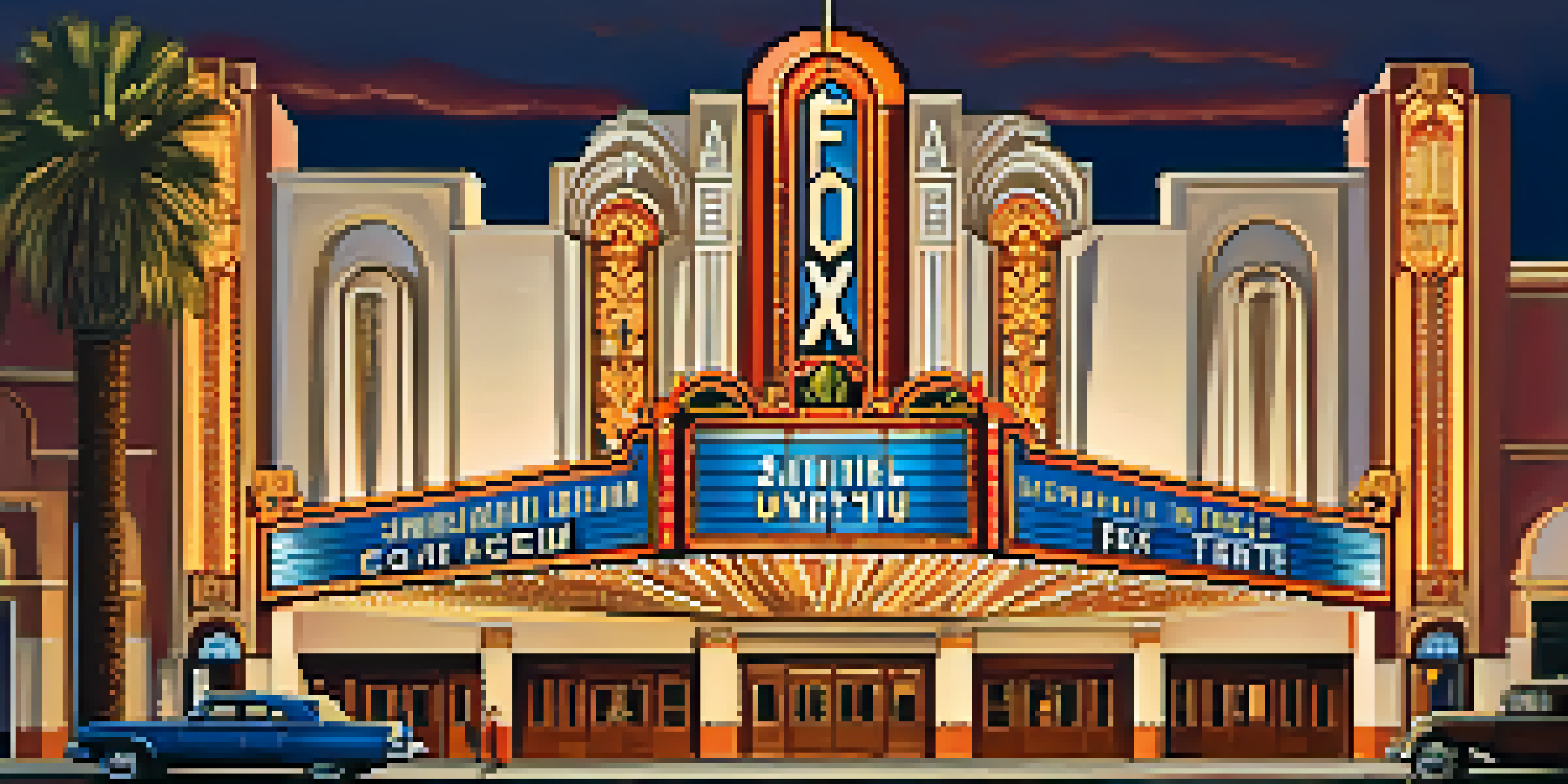 A view of the Fox Theatre in Tucson, highlighting its beautiful Art Deco architecture and illuminated marquee at sunset.
