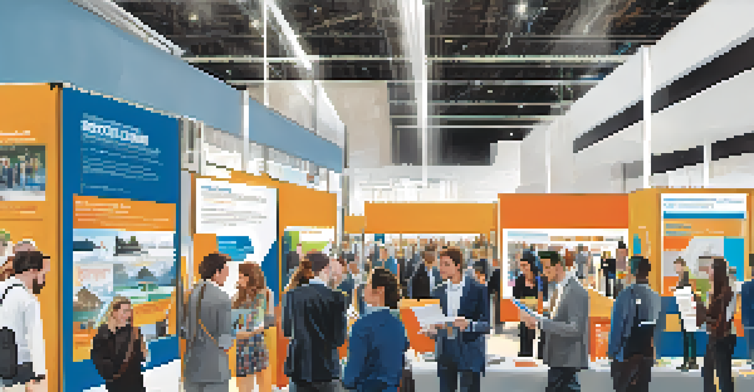 A job fair at a university with students interacting with local company recruiters.