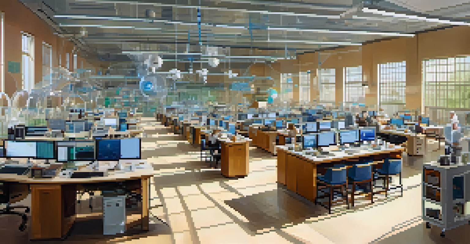Students and researchers collaborating in a university laboratory on satellite models, with bright natural light and colorful charts.