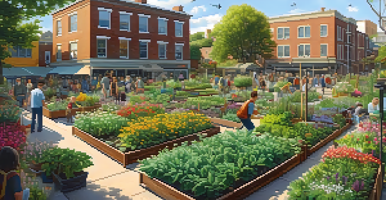 An active community garden with various plants, people gardening, and birds flying, illuminated by warm sunlight.