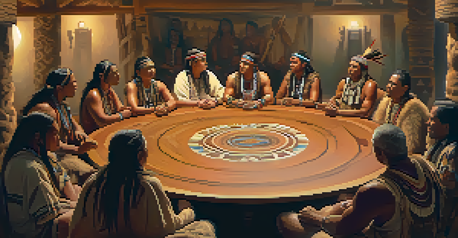 A tribal council meeting featuring Native American leaders discussing around a circular wooden table.