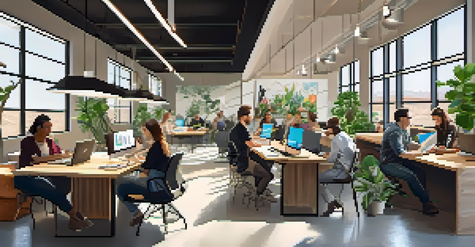 A modern co-working space in Arizona with diverse people collaborating, bright indoor plants, and natural light streaming through large windows.