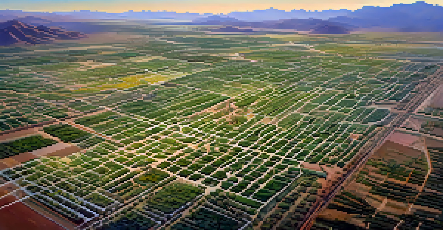 An aerial view of agricultural fields in Arizona with alfalfa and citrus crops, irrigation canals, and a nearby small town.