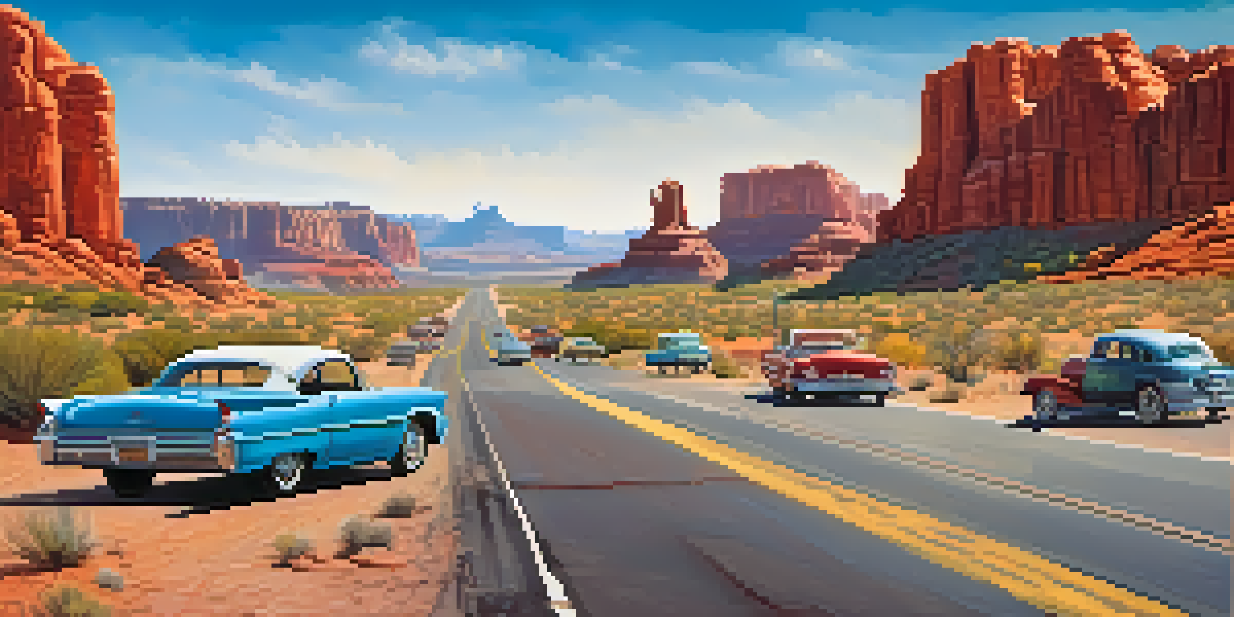 A scenic view of Route 66 in Arizona, showcasing red rock formations and vintage roadside attractions under a clear blue sky.