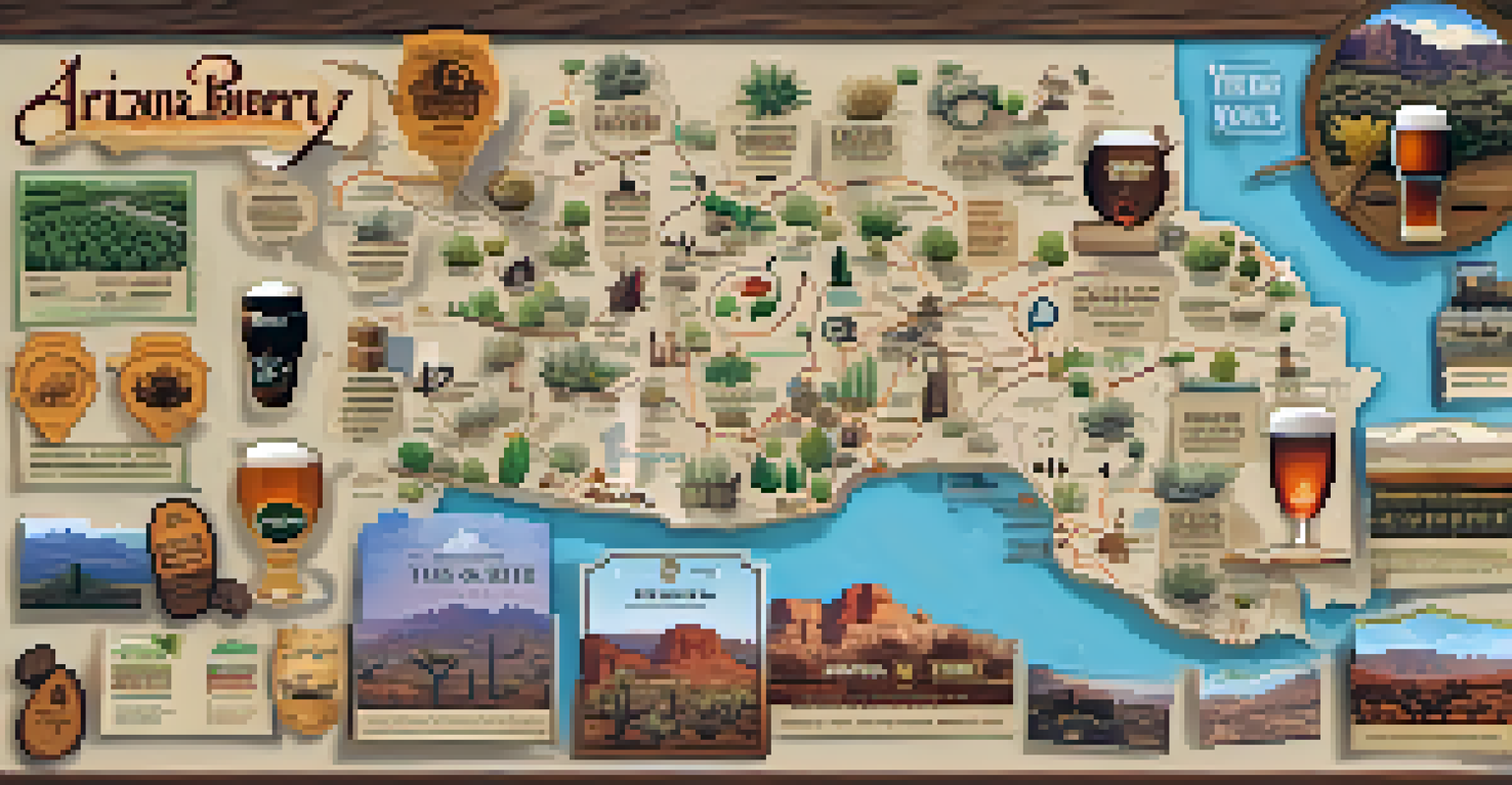 An aerial view of an Arizona brewery trail map surrounded by craft beer samples, with a desert landscape in the background.