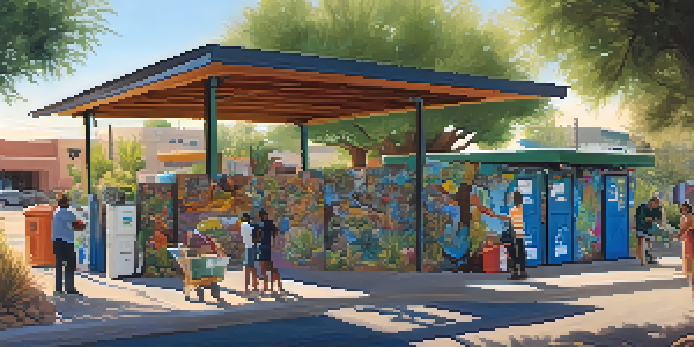 A community recycling hub in Tucson with colorful murals and residents actively participating in recycling.