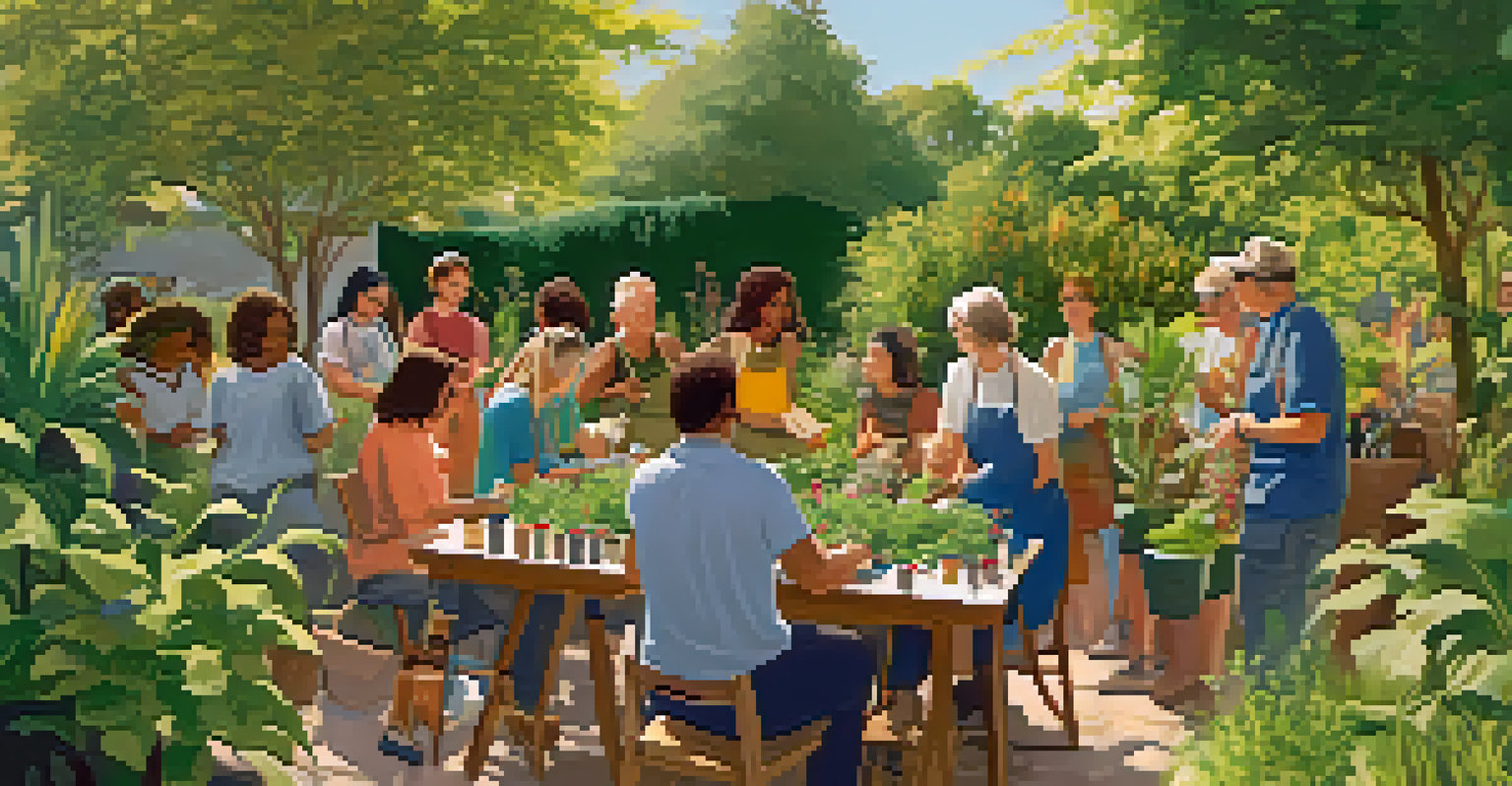 A diverse group of people participating in a gardening workshop, surrounded by lush greenery, discussing gardening techniques with seed packets and pots on the table.