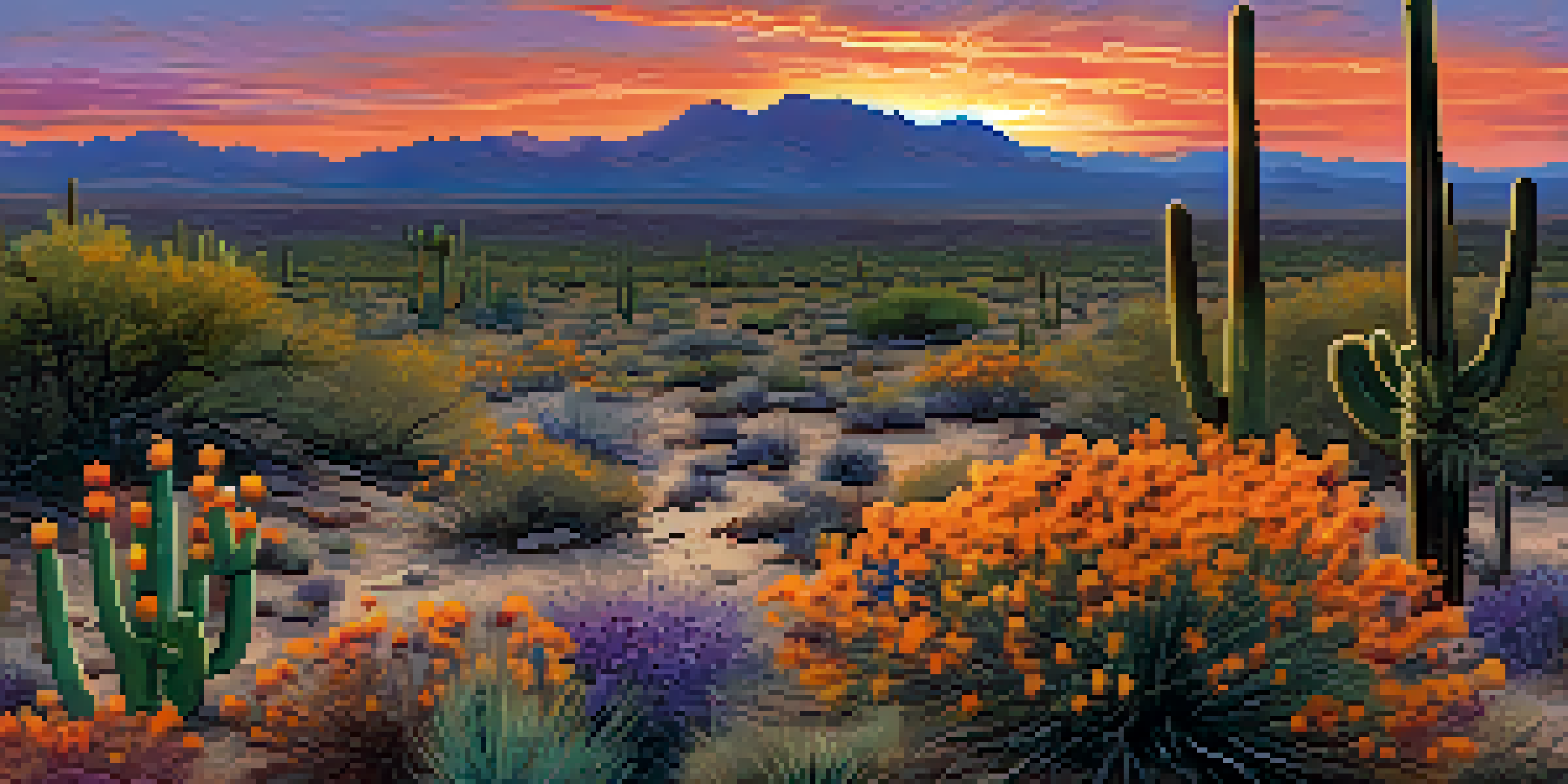 A panoramic view of the Sonoran Desert at sunset with saguaro cacti and vibrant skies.