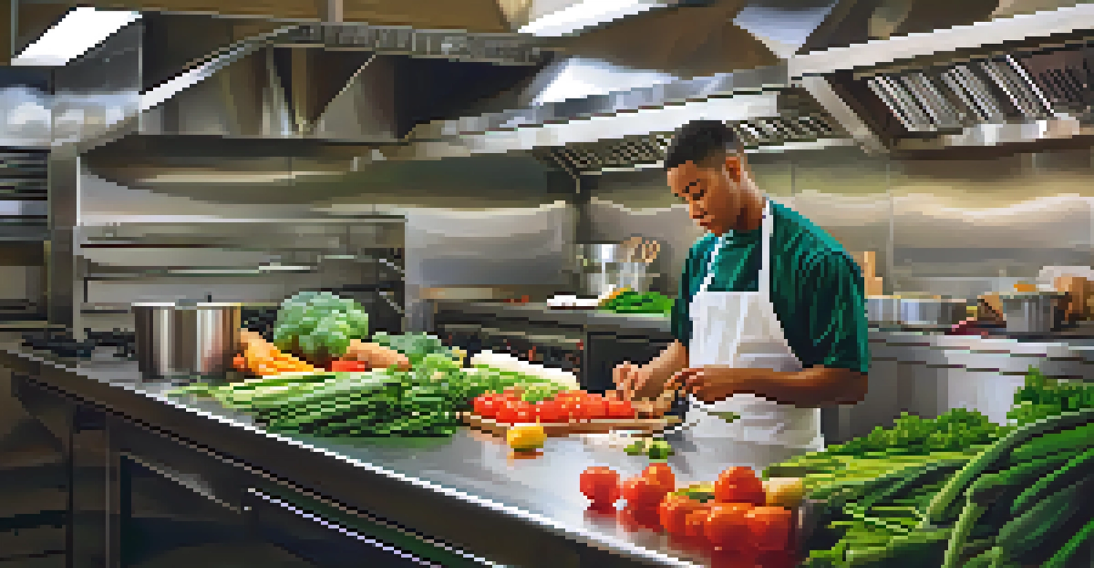 A culinary arts student chopping vegetables in a professional kitchen, with colorful ingredients and warm lighting.