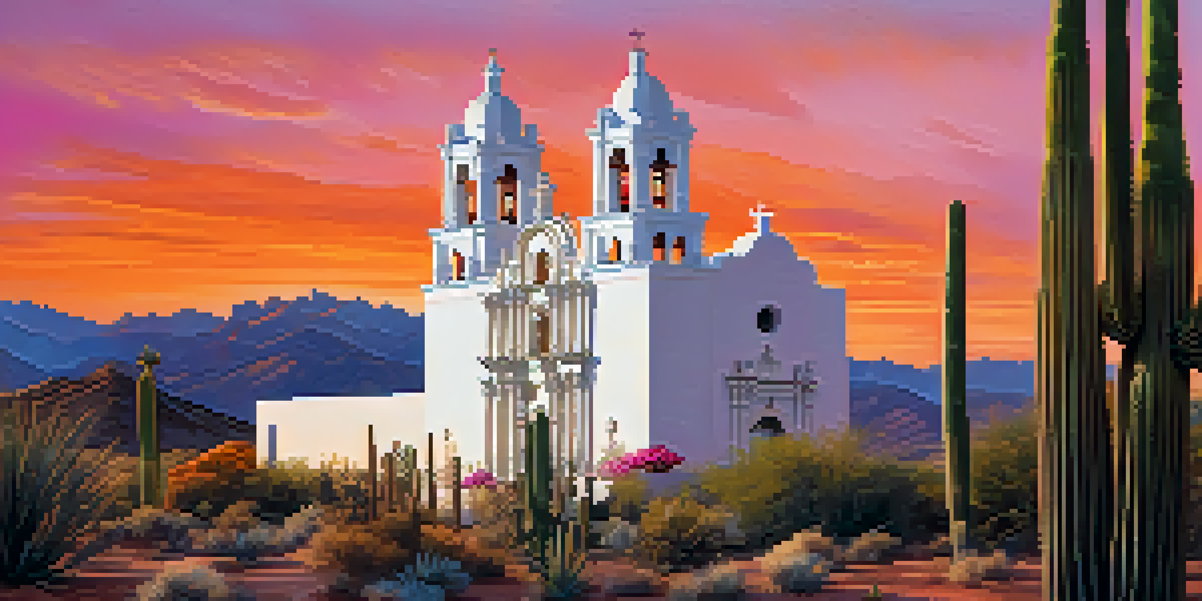 A white mission building with intricate designs under a colorful sunset sky, surrounded by desert cacti.