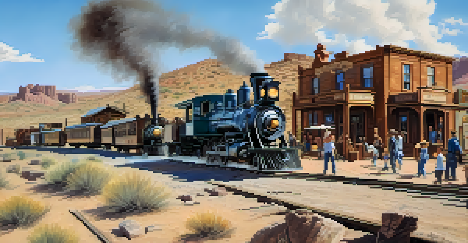 A reconstructed ghost town with a vintage train and families exploring.