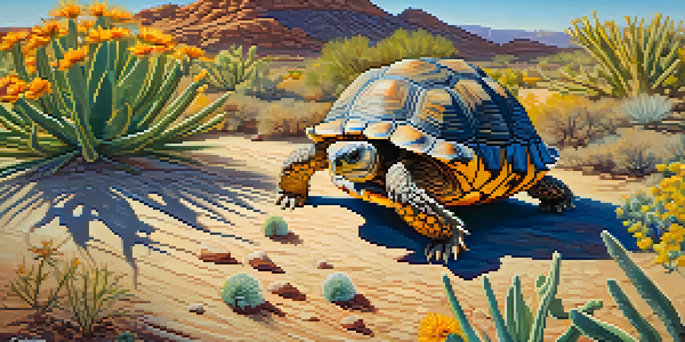 A desert tortoise resting on sandy ground, with cacti and wildflowers in the background, illuminated by the golden light of sunset.