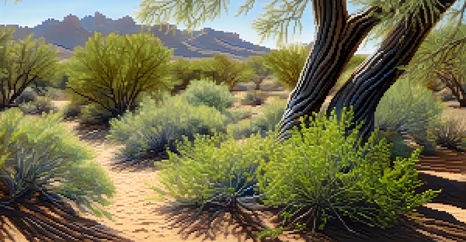 Close-up of native plants in the Arizona desert, including mesquite and palo verde.