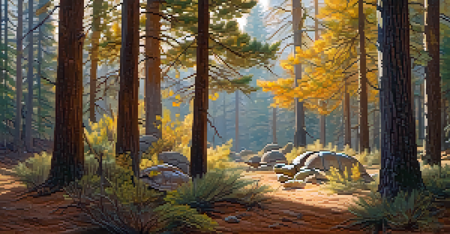 A desert tortoise walking in a ponderosa pine forest during autumn, with golden leaves and sunlight creating a warm atmosphere.