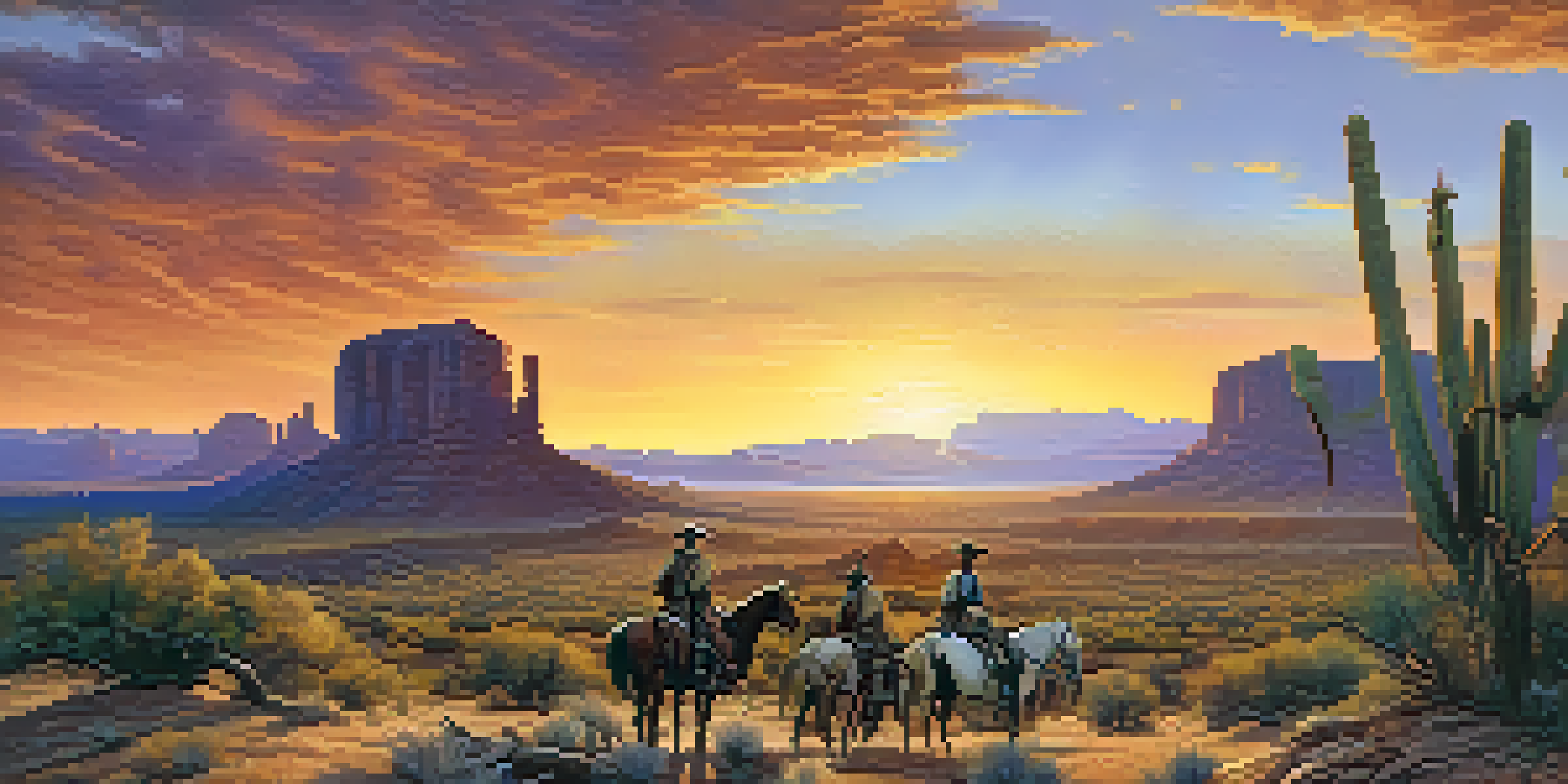 A panoramic view of the Arizona desert in the Civil War era, featuring soldiers and Native Americans against a colorful sunset.