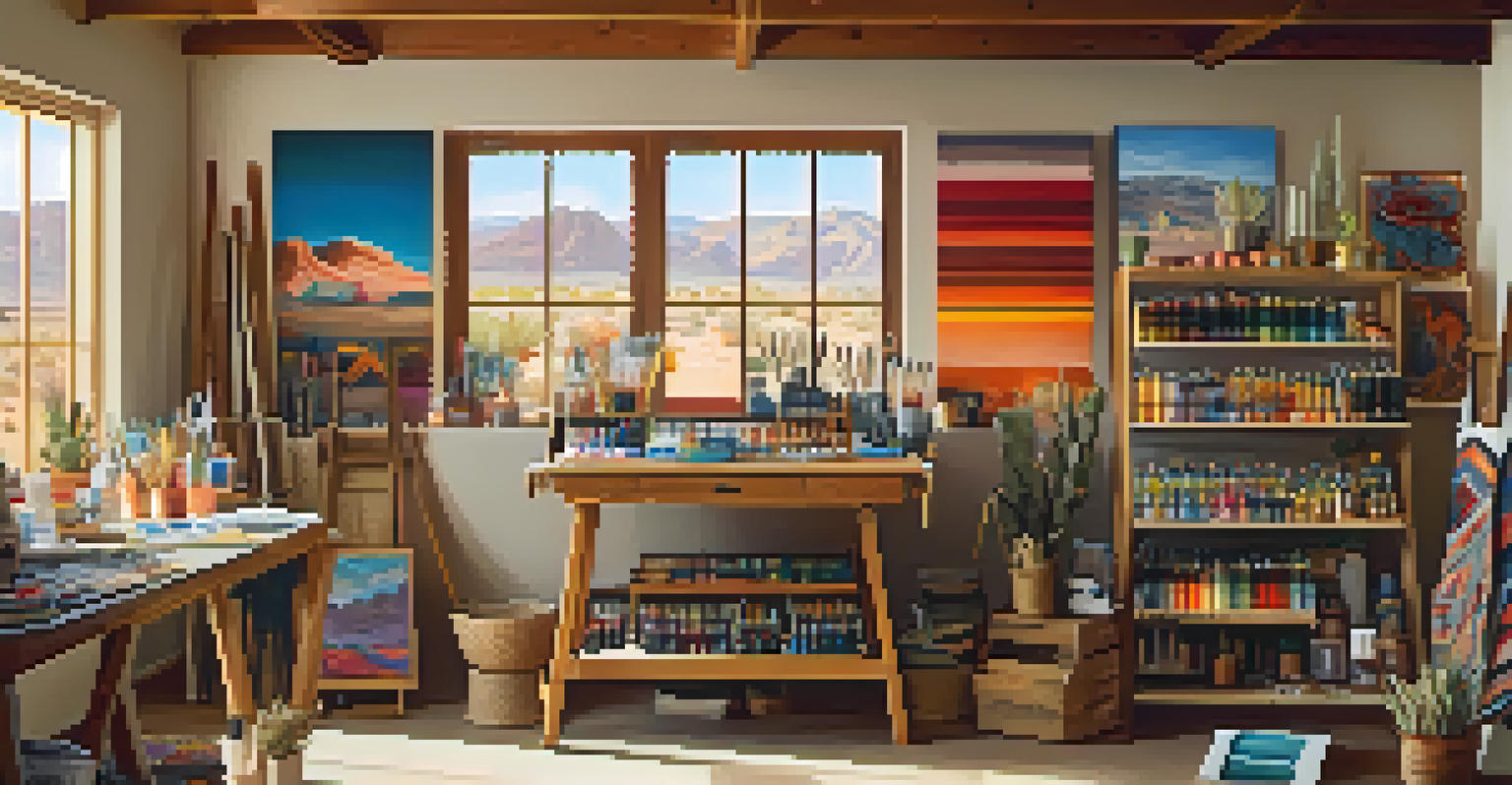 An artist's studio displaying Southwestern art and colorful textiles.