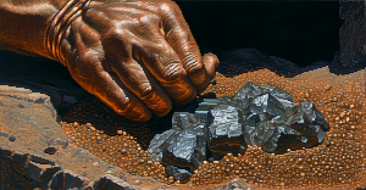 Close-up of a miner's hands holding copper ore, with mining tools and sunlight in the background.