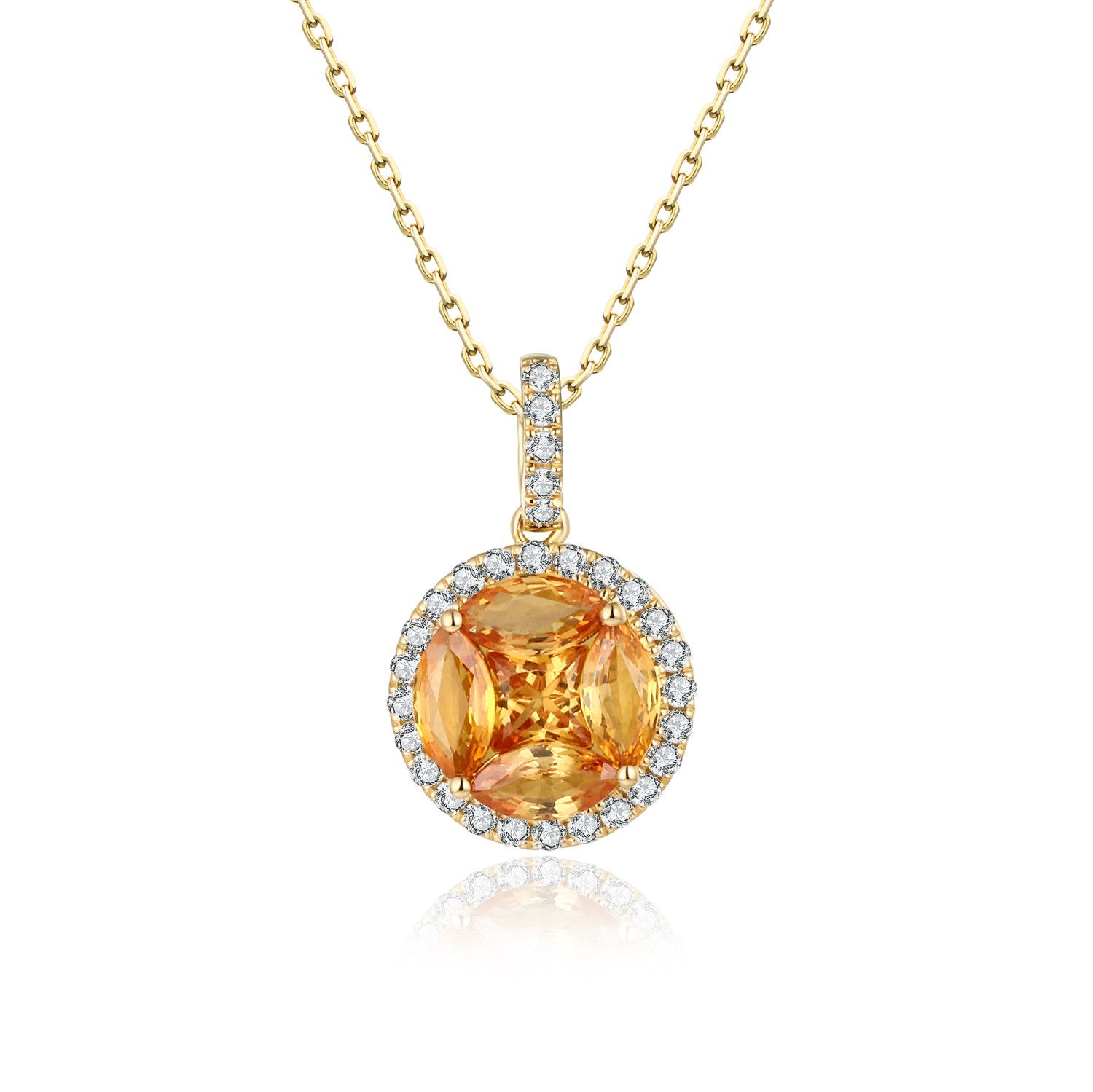 Fancy-cut yellow sapphire cluster pendant with a natural diamond halo and diamond-set bail in 18k gold