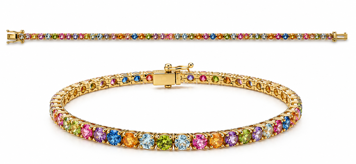 Multicolour sapphire bracelet in 18k gold shown straight and clasped against a white background