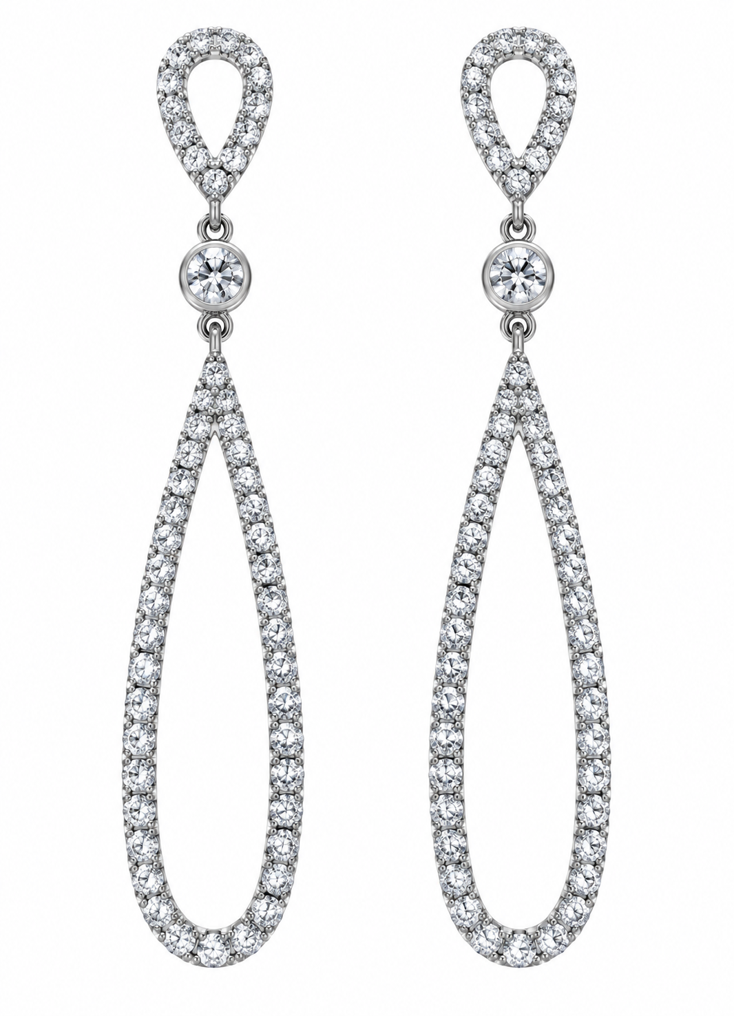 Pair of white-toned long diamond drop earrings with open teardrop tops, round centre links and elongated diamond-set outlines