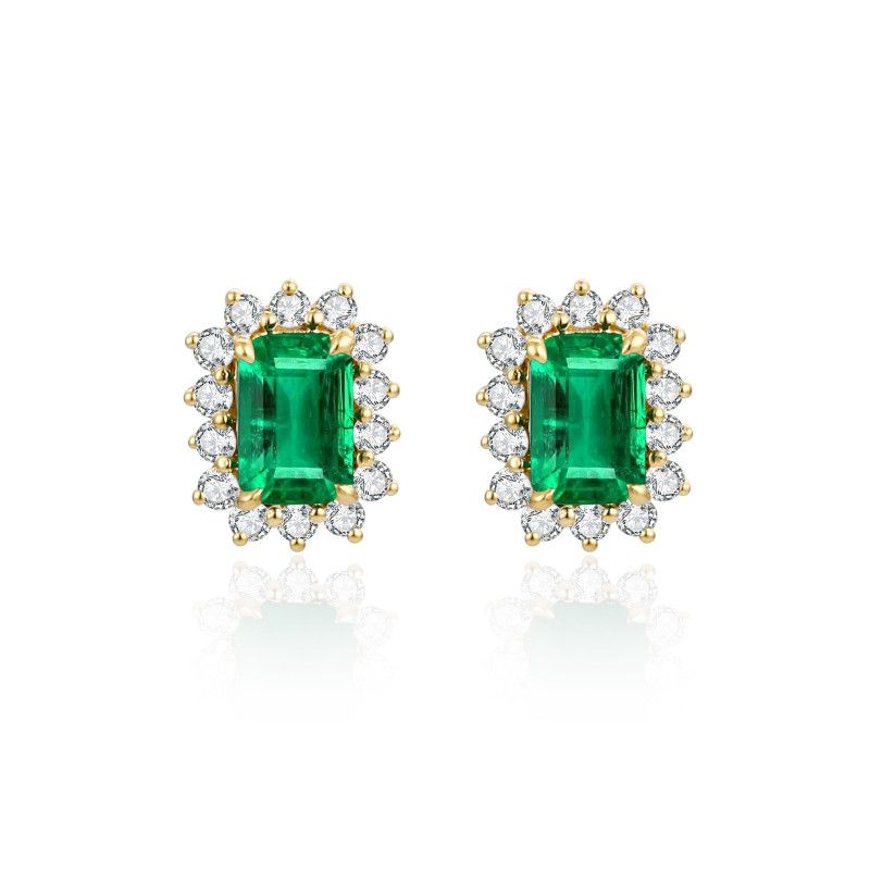 Octagonal emerald stud earrings framed by round natural diamond halos with 18k yellow gold claw settings