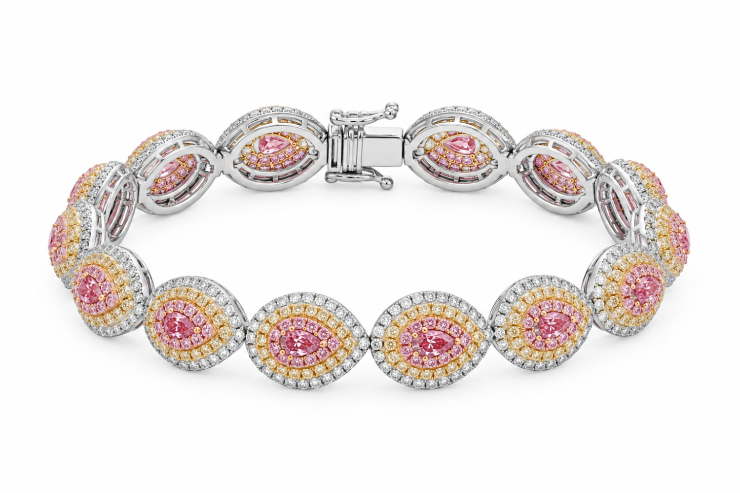 Three tone pink, yellow and white diamond halo bracelet in 18k gold with linked pear-shaped motifs