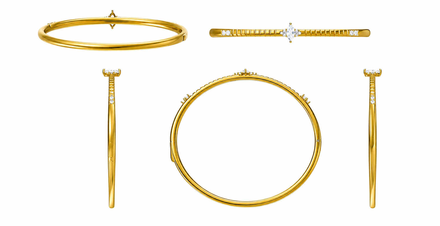 Elliptical 18k yellow gold bracelet with a marquise natural diamond centre and round diamond accents, shown from multiple angles