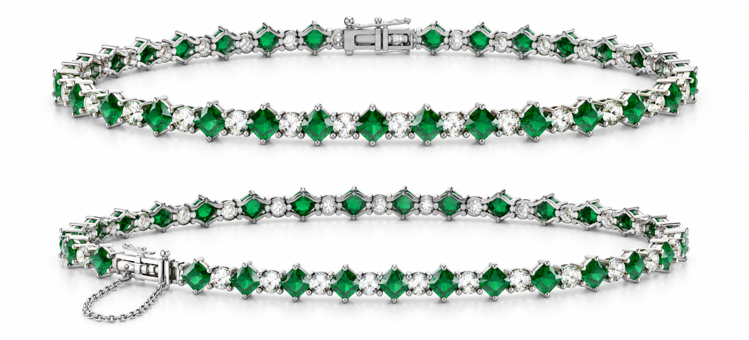 Square emeralds set on the diagonal alternating with natural diamonds in an 18k white gold tennis bracelet, shown from two angles