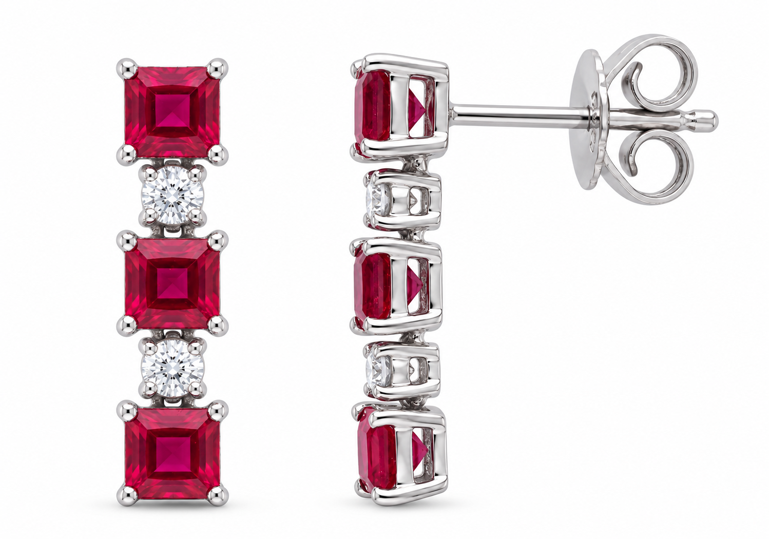 Square ruby and round natural diamond drop earrings in 18k white gold, shown from the front and side with butterfly backs