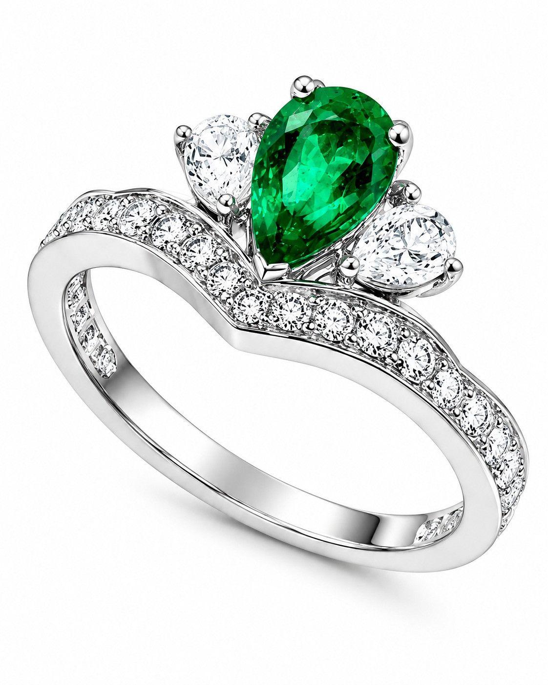 Pear emerald flanked by pear-shaped natural diamonds above a curved round diamond-set band in 18k white gold
