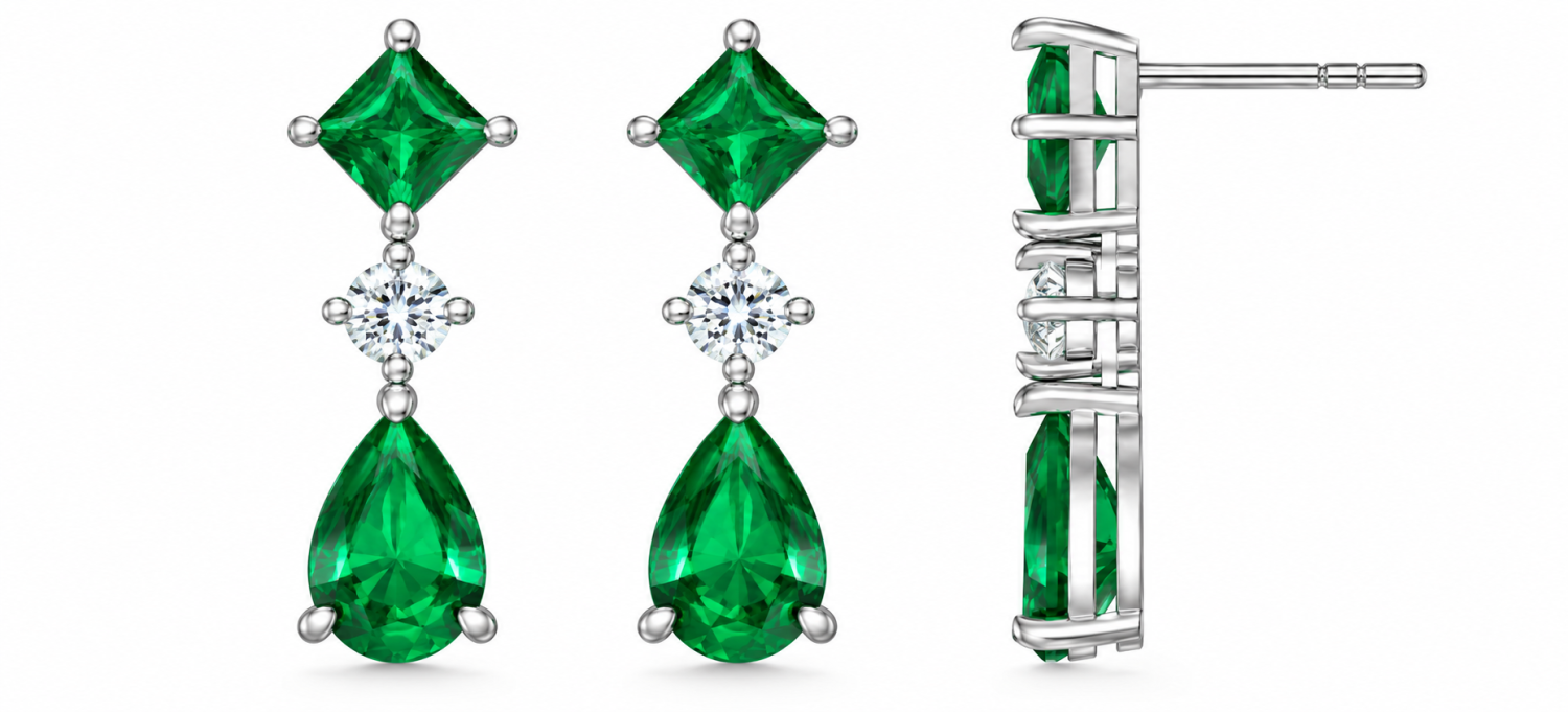 Square emerald studs with round natural diamond links and pear-cut emerald drops in 18k white gold, shown from the front and side