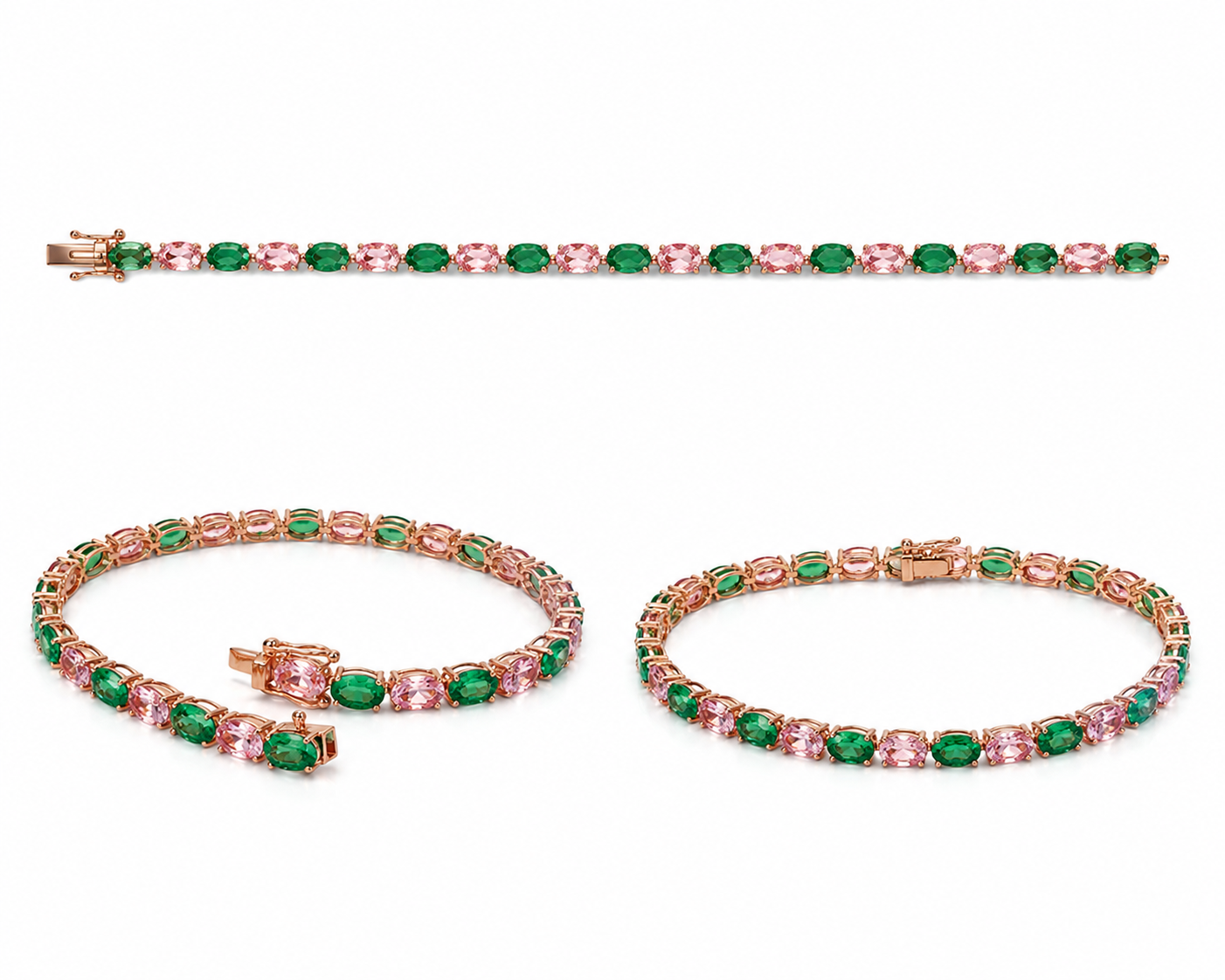 Alternating oval emerald and pink morganite bracelet in 18k rose gold, shown laid straight, open and clasped