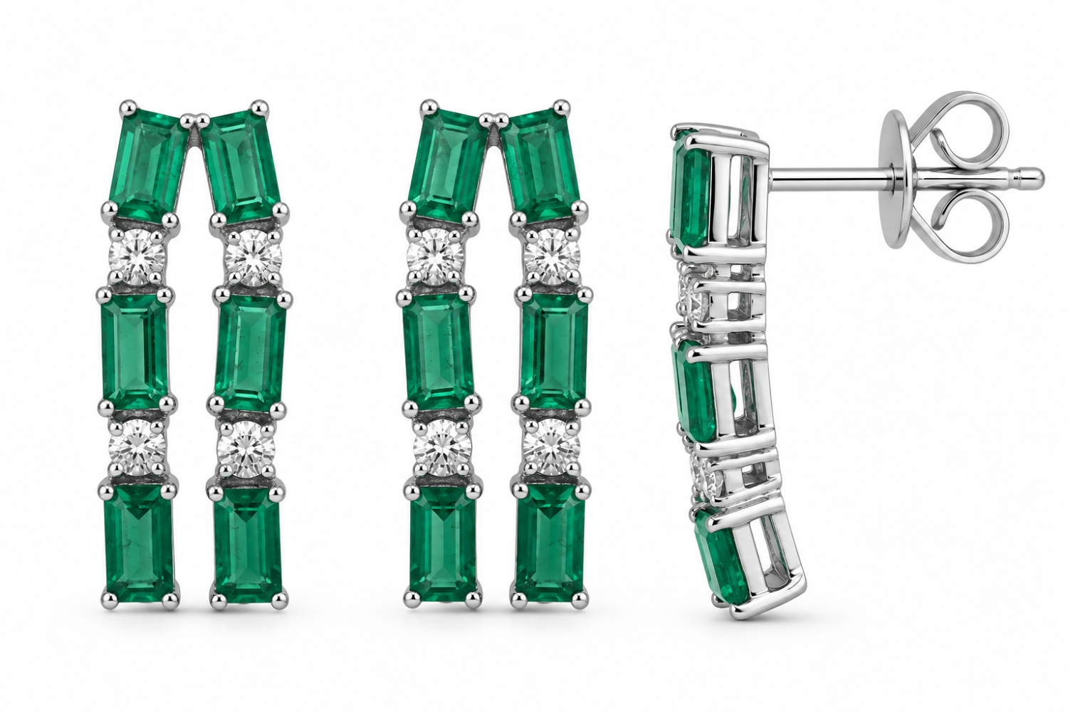 Double row emerald and round natural diamond drop earrings in 18k white gold, shown from the front and side with butterfly backs