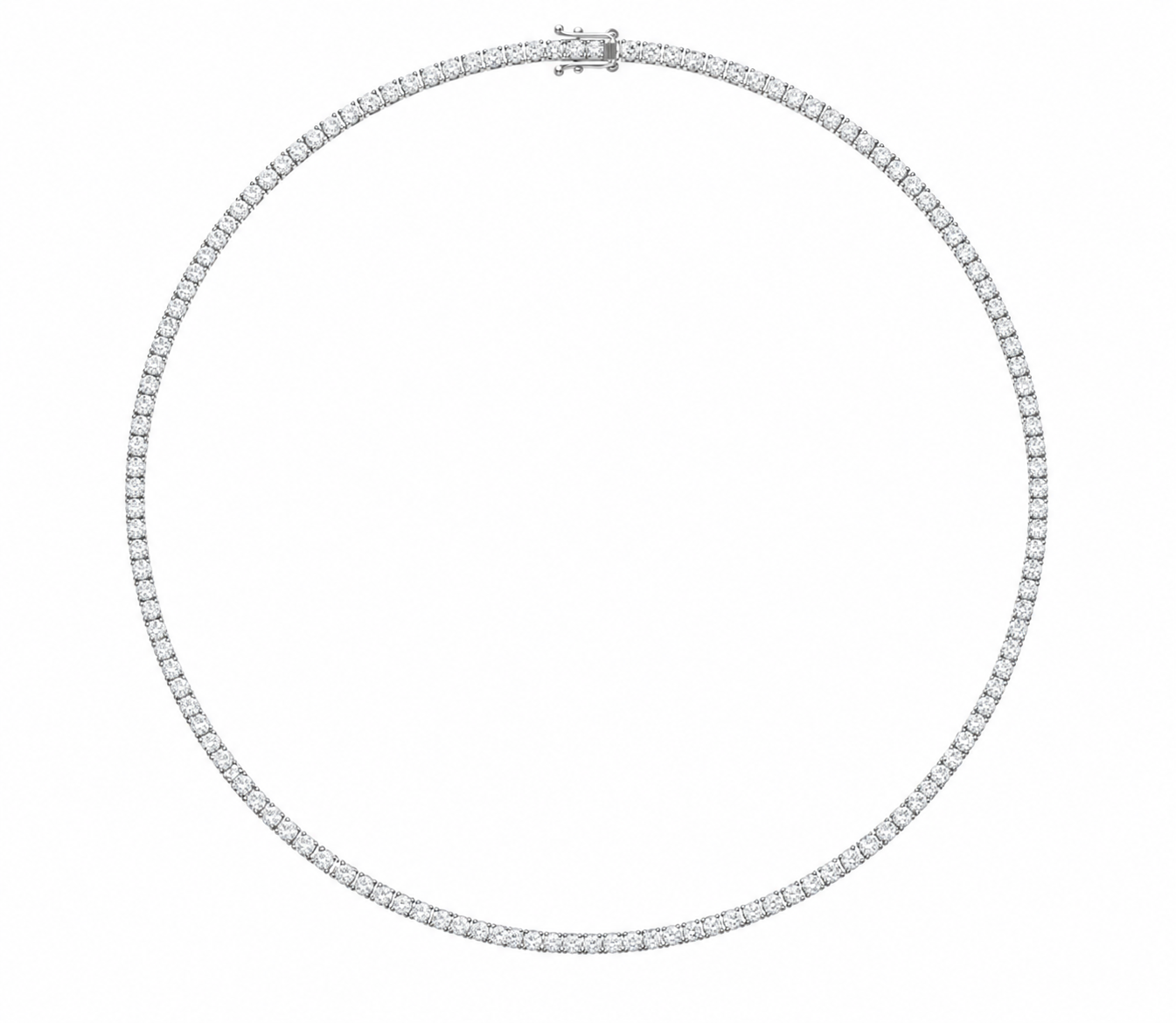 Round natural diamond tennis necklace in platinum 950, shown clasped in an oval arrangement