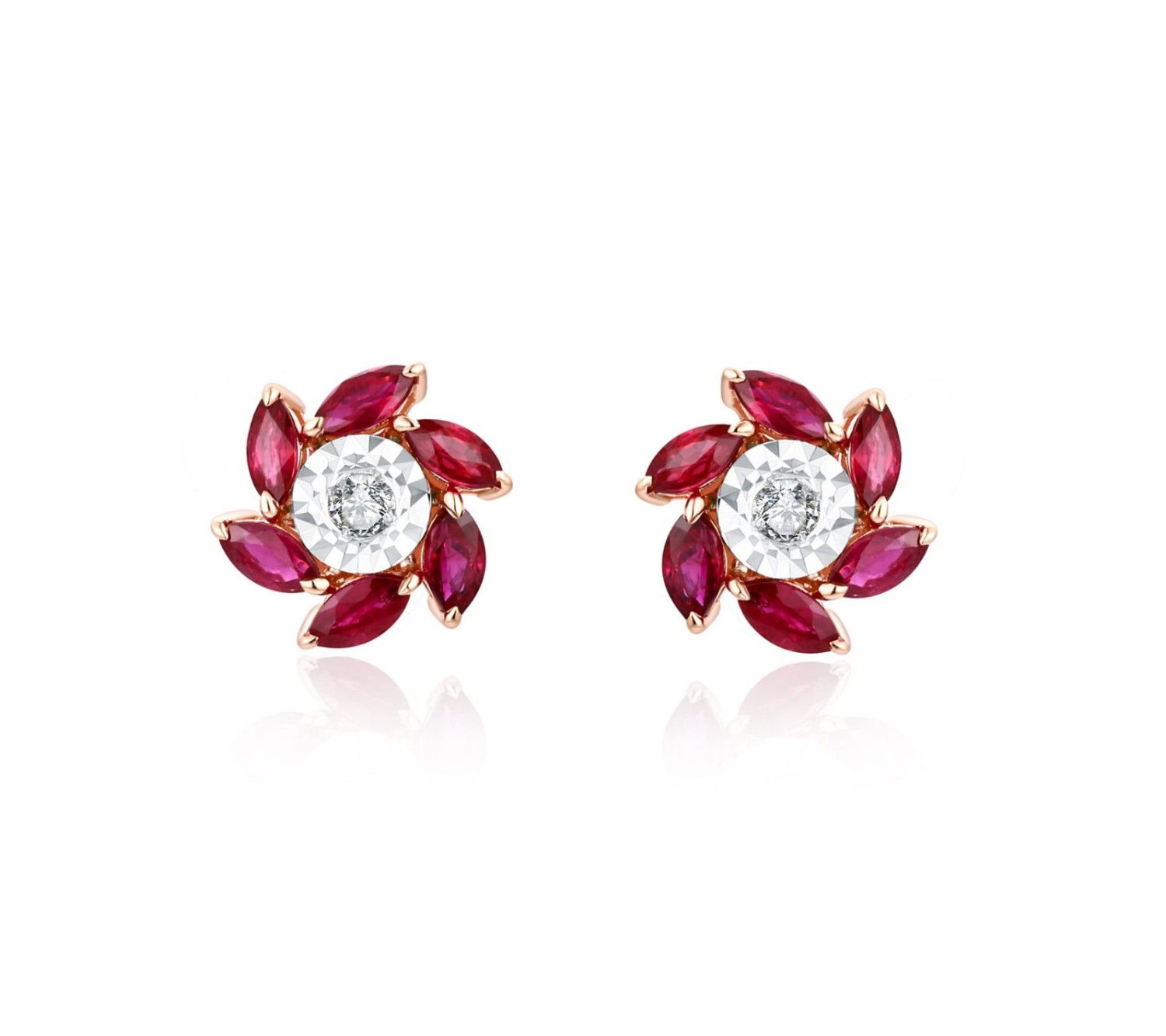 Marquise ruby flower stud earrings with round natural diamond centres and rose gold claw settings