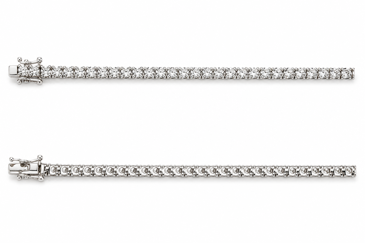 6.11ct round natural diamond tennis bracelet in 18k white gold, shown laid straight from the front and back