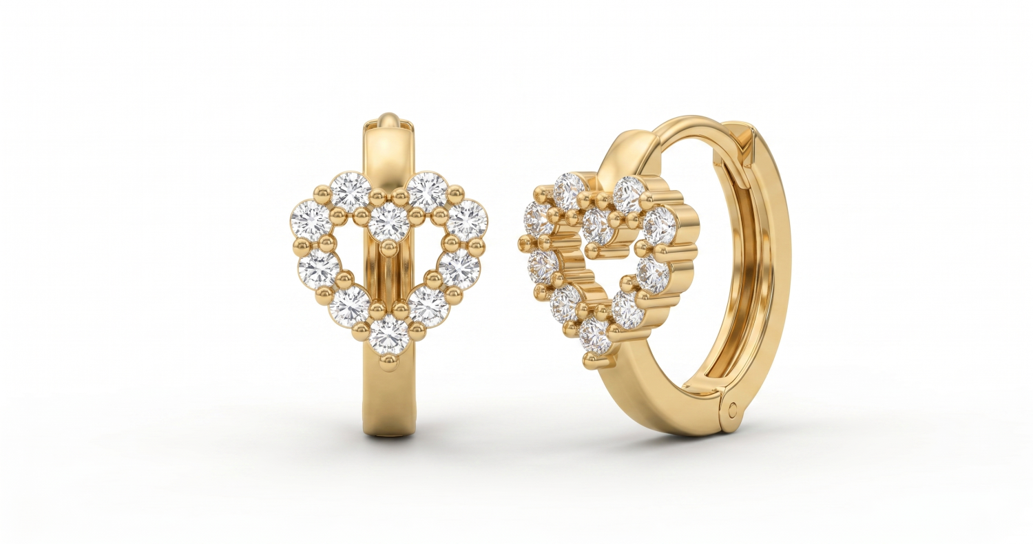 Front and angled views of yellow-toned gold hoop earrings with open heart motifs set with round diamonds