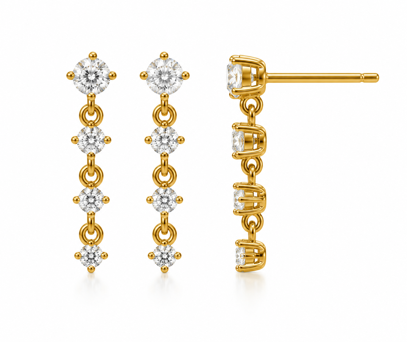 Front and side views of yellow-toned gold drop earrings, each with four linked round diamonds