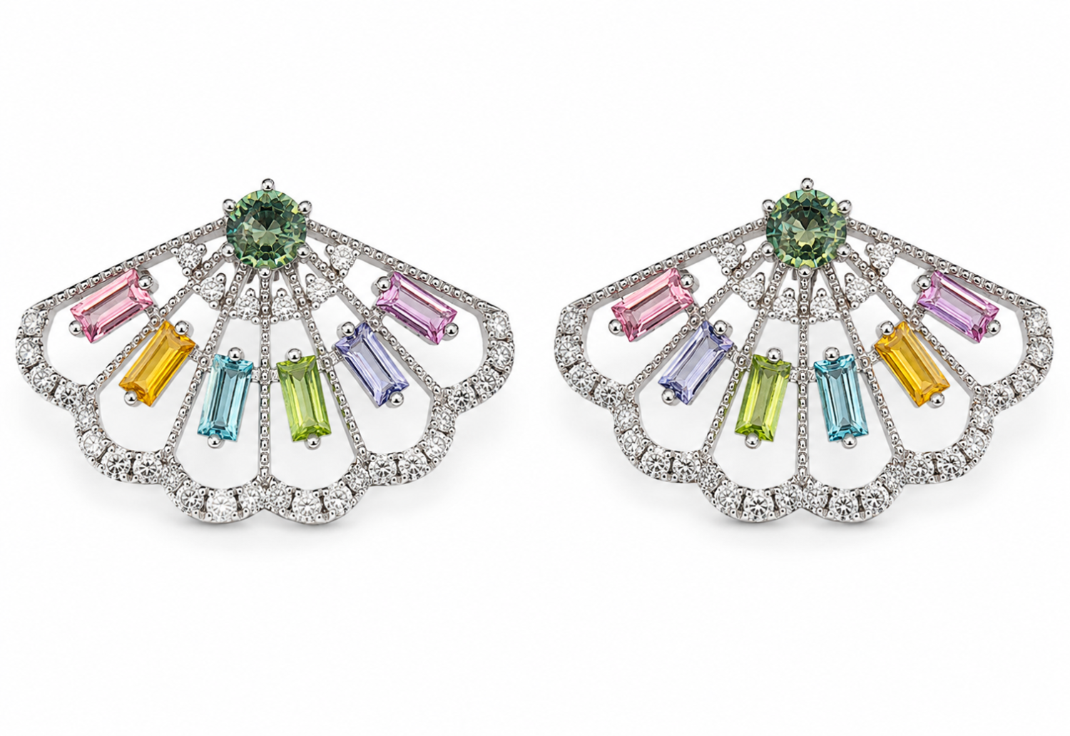 Multicolour baguette sapphire and natural diamond fan earrings in 18k white gold