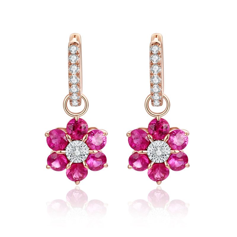 Round ruby flower drops with natural diamond centres suspended from diamond-set hoops in 18k rose gold