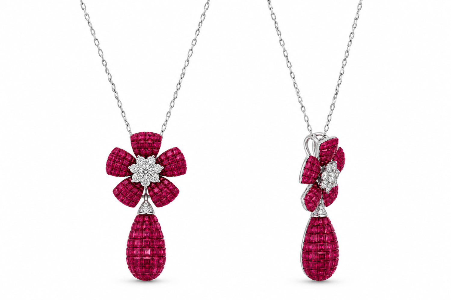 Ruby floral pendant with a natural diamond centre and ruby-covered teardrop in 18k white gold, shown on a chain from the front and side