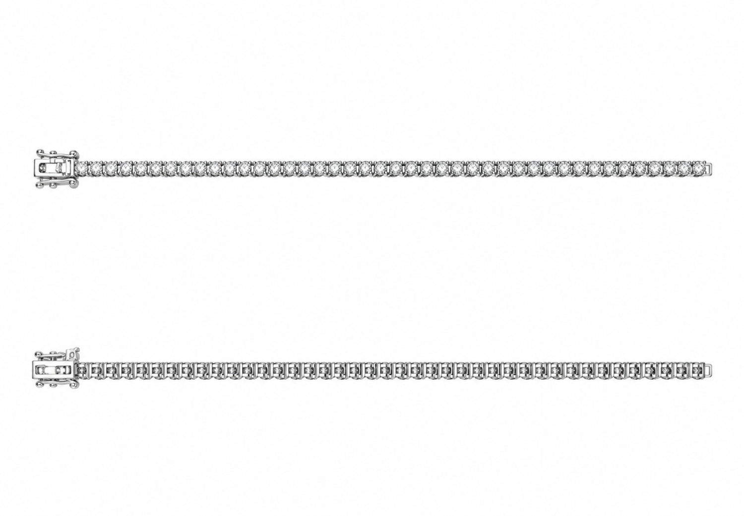 10pt round natural diamond tennis bracelet in platinum 950, shown laid straight from the front and back