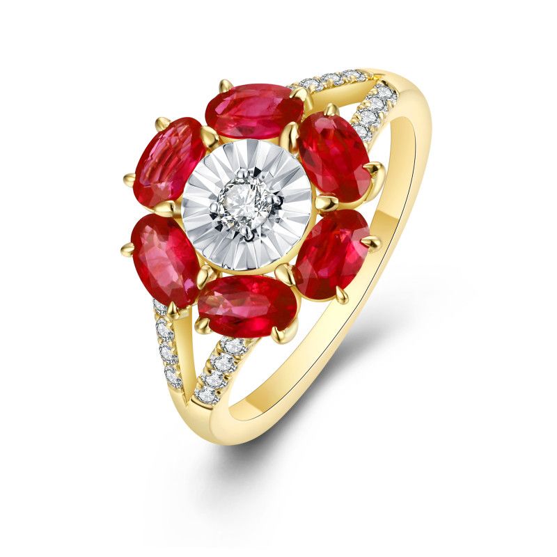 Six oval rubies surrounding a natural diamond centre with diamond-set split shoulders in an 18k yellow gold ring